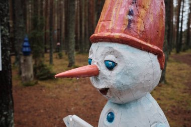 Kar olmayınca ormandaki kardan adam. Kardan adamın burnundan su damlıyor. Eriyen kardan adam