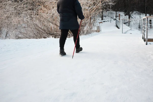 Крупным планом женских ног во время скандинавской прогулки с палками в парке. Концепция здорового образа жизни — стоковое фото