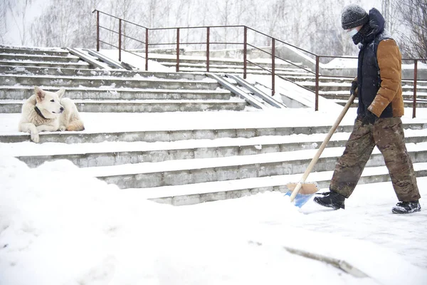 Человек убирает снег лопатой. Очистка территории после снегопада — стоковое фото