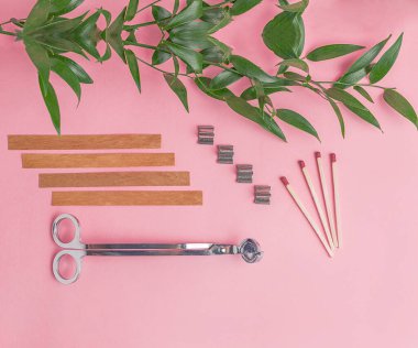 Flat lay of wooden wicks, scissors and wick holders on pink background. Nearby are matches and a branch with green juicy leaves