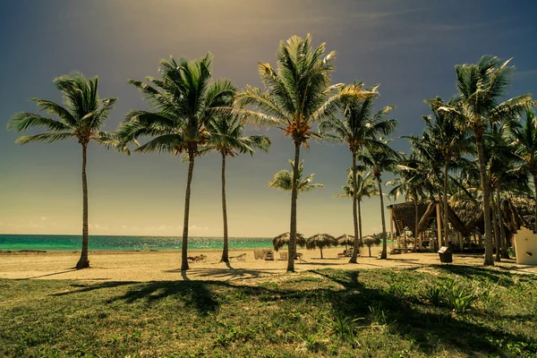 Soumrak tropickou pláž a moře s lidmi v pozadí na ostrov kubánský Cayo Coco — Stock fotografie