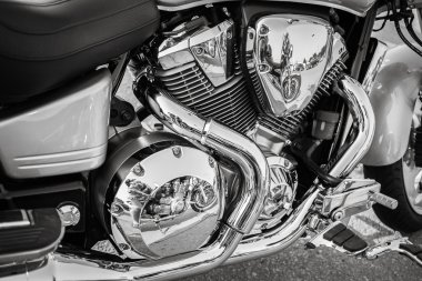 Amazing stunning side detailed view of old monochrome motorcycle engine