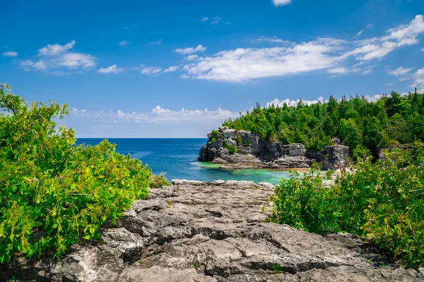 Удивительный природный скалистый вид на пляж и спокойный лазурный чистая вода в красивой, приглашая Брюс полуостров, Онтарио — стоковое фото