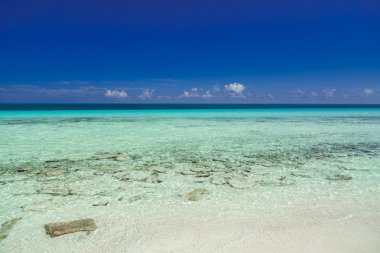 beautiful splendid nice inviting view  of turquoise tranquil ocean horizon line with dark deep blue beautiful sky background