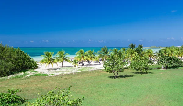 Amazing natural gorgeous landscape view of Cuban inviting beach and tranquil turquoise ocean against deep blue sky background — Stock Photo, Image