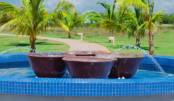 Hermosa vista de la piscina decorada al aire libre con grandes cuencos de mármol en el interior contra fondo de jardín tropical —  Fotos de Stock