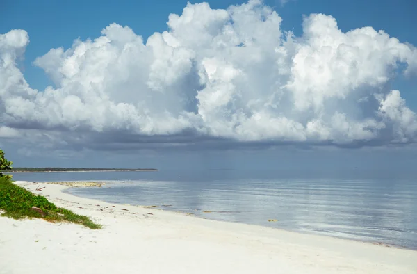 Naturalny krajobraz widok Cayo Coco kubański wyspa plażę i ocean spokojny z ogromny, olbrzymi biały pływające chmury nad wodą — Zdjęcie stockowe