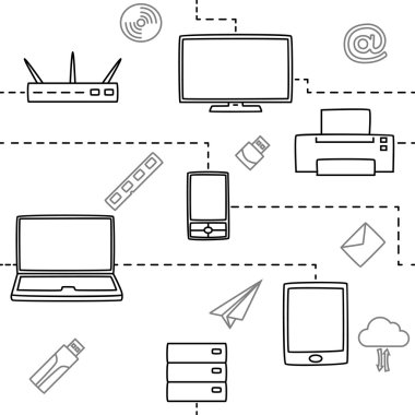 Elektronik becerikli alet için medya ve internet beyaz seamless modeli. Vektör çizim