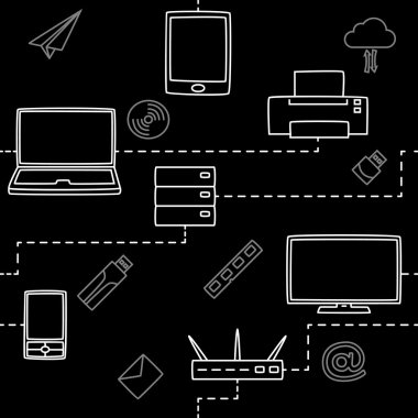 Elektronik becerikli alet için medya ve internet siyah seamless modeli. Vektör çizim