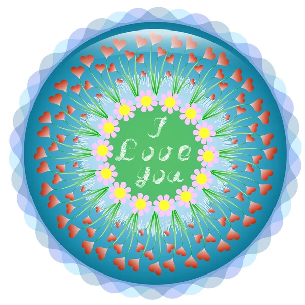Gratulationskort med en vacker cirkulär blommig prydnad med orden jag älskar dig — Stock vektor