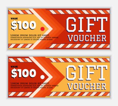 Hediye çeki şablon bir ok ve alev kırmızı ve sarı renkler eğik bir grupta unsurları ile. Modern ve renkli tasarım