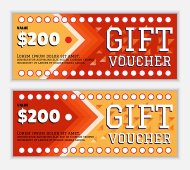 Hediye çeki şablon bir ok ve üçgen bir dekor ve alev kırmızı ve sarı renkler çevrelerinde oluşan bir grup unsurları ile. Modern ve renkli tasarım 