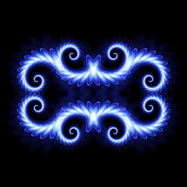 Dikdörtgen çerçeve. Mavi neon karmaşık bir desen. Neon siyah bir arka plan degrade desen. Dekor unsuru. Tasarlamak için. Üniversal kullanma. Vektör çizim