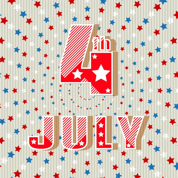 4 Temmuz. Basit stil tebrik kartı. Tatil Bağımsızlık Günü 4 Temmuz. Kırmızı, beyaz ve mavi yıldızlarla dolu açık bir arka plan üzerinde. Parlak yazıt 4 Temmuz. Vektör çizimi — Stok Vektör
