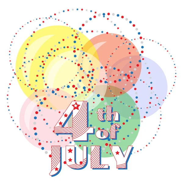 4 Temmuz. 4 Temmuz Bağımsızlık Günü'nde tebrik kartı. Renkli balonlar arka planda kaotik bir karmaşa içinde bulunan yıldız daireleri. Vektör çizimi — Stok Vektör