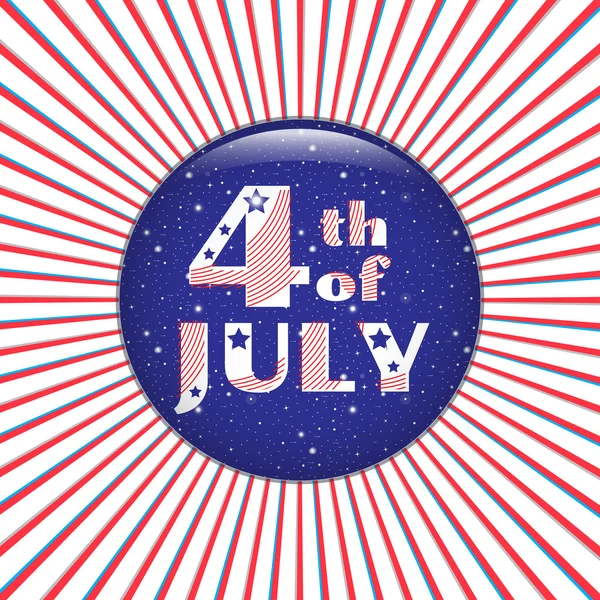 4 Temmuz. Kırmızı radyal arka planda mavi rozet. Bağımsızlık Günü, 4 Temmuz tebrik kartı. Vektör çizimi — Stok Vektör
