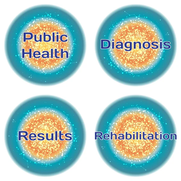 Word Public Health. Diagnosis. Results. Rehabilitation. Health concept with text in a high-tech frame. Modern Medical concept. Vector illustration