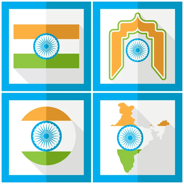 Dia da Independência da Índia. 15 de Agosto. Conjunto de ícones em estilo plano — Vetor de Stock