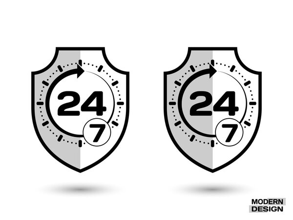 Защитный щит с тенью, а знак - круглосуточно, 24 часа 7 дней в неделю. Икона выделена на белом фоне. Вектор
