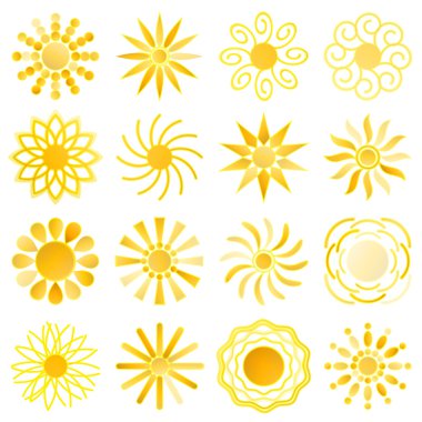Degrade dolgusundaki güneşler kümesi. Çeşitli şekillerde simgeler güneşler. Web sitesi tasarımı, kumaş üzerine baskı, çıkartmalar için