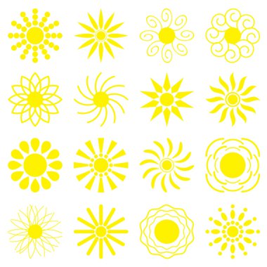 Güneşler düz Stil kümesi. Simgeler güneşler çeşitli şekiller. Kumaş üzerine, etiketleri yazdırma Web sitesi tasarımı için