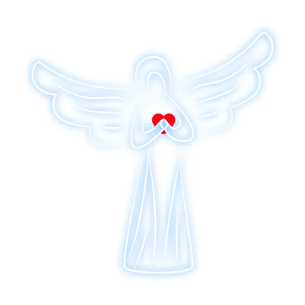 Angel on pure white background. Angel soft blue color with red heart in hands as symbol of love and happiness. For design of covers, printing on fabric or paper — Stock Vector