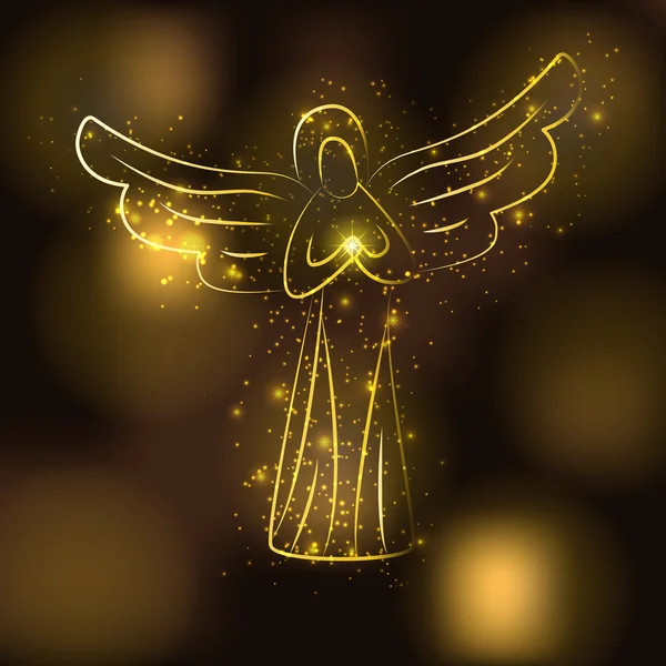 Goldene Engelsilhouette auf braun glühendem Goldgrund. Engel mit leuchtender Sonne oder Stern in seinen Händen. Engel umgeben von glitzernden Sternen, Goldpartikeln — Stockvektor
