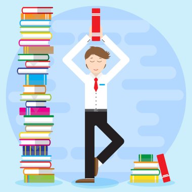 Young man, office worker, student, businessman costs in yoga pose. Holds book in hand and meditates. Flat style