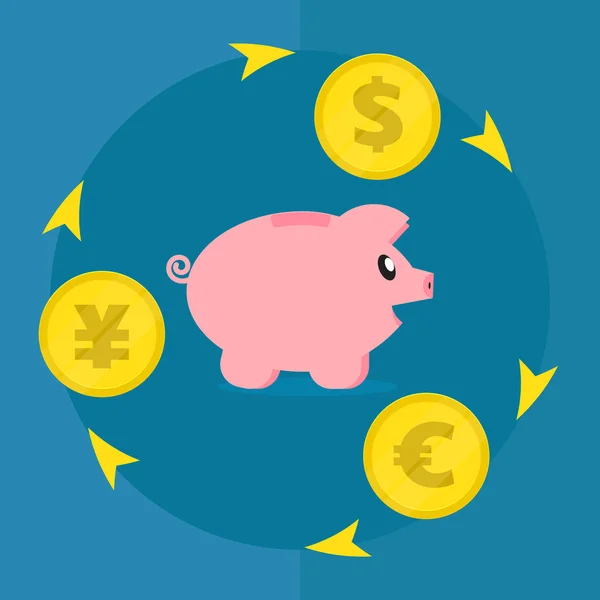 Pig piggy bank surrounded by different coins. Dollar, euro, yen. Diversification of investments — Stockvector