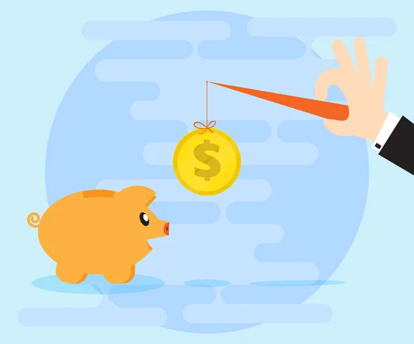 Affärsman hand lockar gris sparv bank på ett mynt på en sträng. Flat Style — Stock vektor