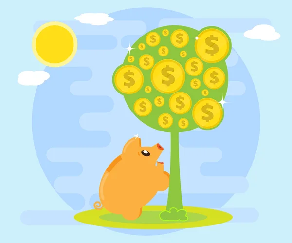 Happy Pig Piggy Bank wordt geconfronteerd met een geld boom als een symbool van rijkdom. De liefde voor geld. Het creëren van rijkdom door middel van investeringen en cashflow. Platte stijl — Stockvector