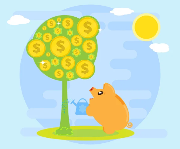 Cerdo feliz alcancía regando árbol de dinero. Símbolo de riqueza. El amor al dinero. Crear riqueza a través de la inversión y el flujo de efectivo. Estilo plano — Vector de stock