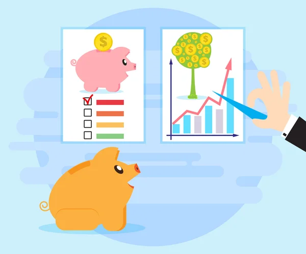 Happy pig piggy bank sitting in front of educational posters. businessmans hand with a pointer. Financial Education for the creation of investment and cash flow. Plans, strategies, wealth. Flat style — Stock Vector