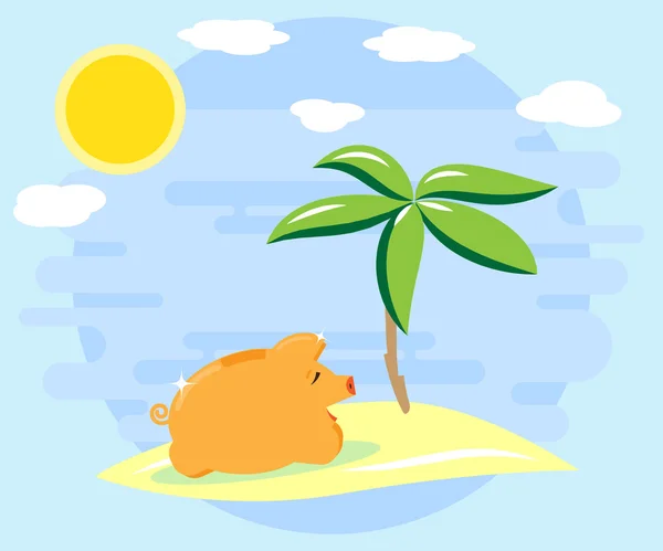 Счастливая копилка свиней отдыхает на острове, на пляже под пальмой. Любовь к деньгам. Успешные инвестиции и денежные потоки приносят отдых, отдых. Плоский стиль — стоковый вектор