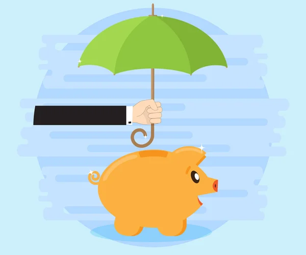 Šťastná prasečí banka stojící pod deštníkem, který drží ruku obchodníka. Ochrana úspor. Úspěšné investice a peněžní toky jsou ziskové a bohatství. Plochý styl — Stockový vektor