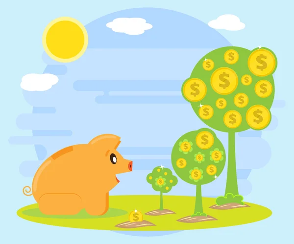 快乐的猪小猪银行正坐在一个货币树的生长阶段。投资。创造利润和财富的现金流。对金钱的热爱。扁平样式 — 图库矢量图片
