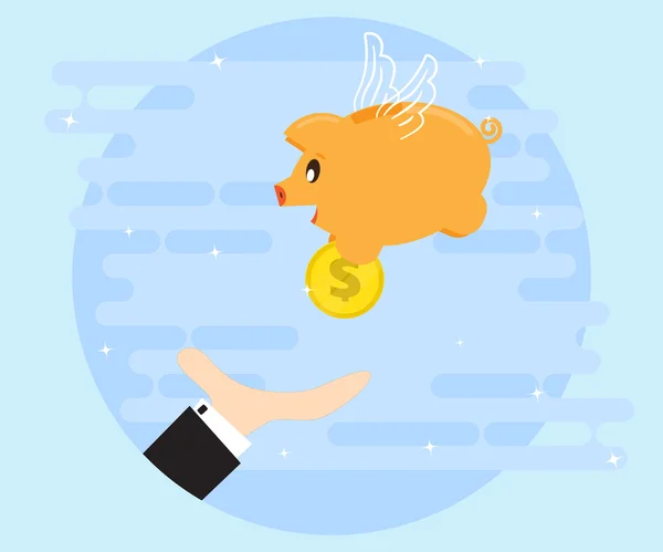 Happy Pig piggy bank ger guldmynt som en bra ängel. Businessmans hand fångar mynten. Investeringar ger en vinst, rikedom. Kärleken till pengar. Flat Style — Stock vektor