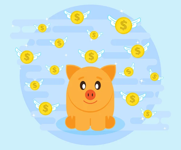 Happy Pig Piggy Bank zit omringd door vliegende munten. Investeringen geven een winst, rijkdom. Een cashflow maken. De liefde voor geld. Platte stijl — Stockvector