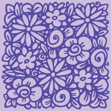 Çiçekçi dükkanları, organik kozmetik ürünleri ve düğün için çizim tarzında çiçek çerçevesi. Amblem tasarım şablonu, çiçek arkaplanı menekşe rengi. Vektör