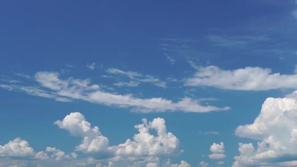 Sólo el cielo azul del verano. Hermoso panorama de cielo azul con nubes blancas. Vista relajante de nubes transformadoras en movimiento. No hay edificios. Full HD Time Lapse — Vídeos de Stock