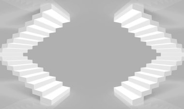 3D görüntüleme. Gri oda arka planında simetri beyaz merdivenleri yukarı ve aşağı.