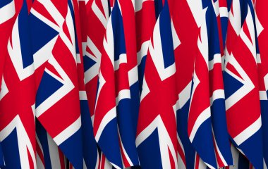 3D görüntüleme. Katlanan UNITED KINGDOM ulusal bayrakları sıra sıra duvar arkaplanı.