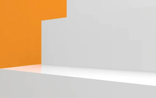 3D görüntüleme. Arkaplan olarak turuncu duvarı olan boş beyaz merdiven.