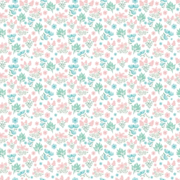 Small flower pattern. Vintage ute floral seamless background. Delicate blue yellow pink green on white. Floral bouquet vector pattern with small flowers and leaves