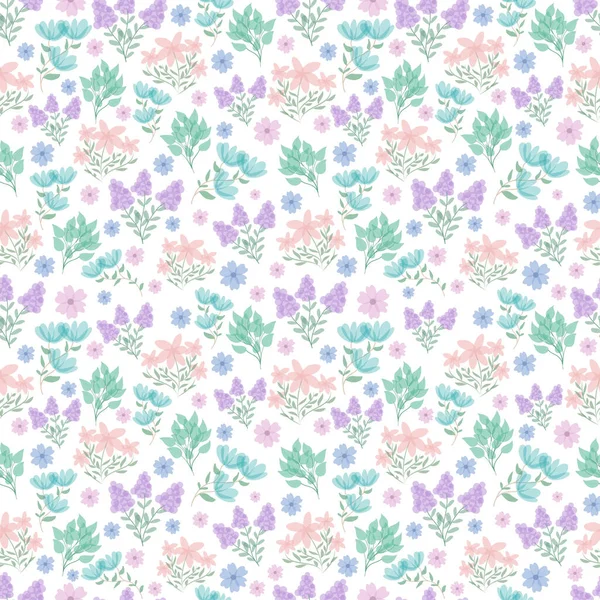 Small flower pattern. Vintage ute floral seamless background. Delicate blue yellow pink green on white. Floral bouquet vector pattern with small flowers and leaves