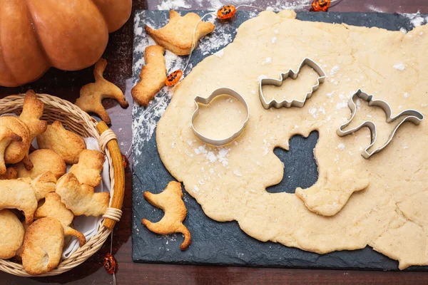 Making Cookies Halloween Cut Out Cookies Dough Form Pumpkin Cat — Stock Photo, Image