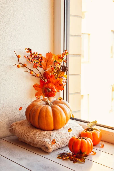 Przytulna Jesień Martwa Natura Parapecie Dynia Ciepłe Wełniane Swetry Liście — Zdjęcie stockowe