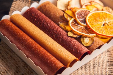 Sweet fruit snacks in a package - pastilles and dried fruit. Fruit candy, Sugar Free, healthy nutrition