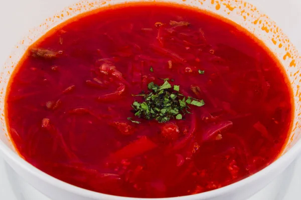 Tigela Branca Sopa Tradicional Ucraniana Russa Borsch Sopa Beterraba Vegetal — Fotografia de Stock