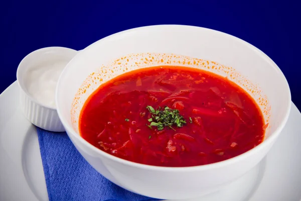 Tigela Branca Sopa Tradicional Ucraniana Russa Borsch Sopa Beterraba Vegetal — Fotografia de Stock